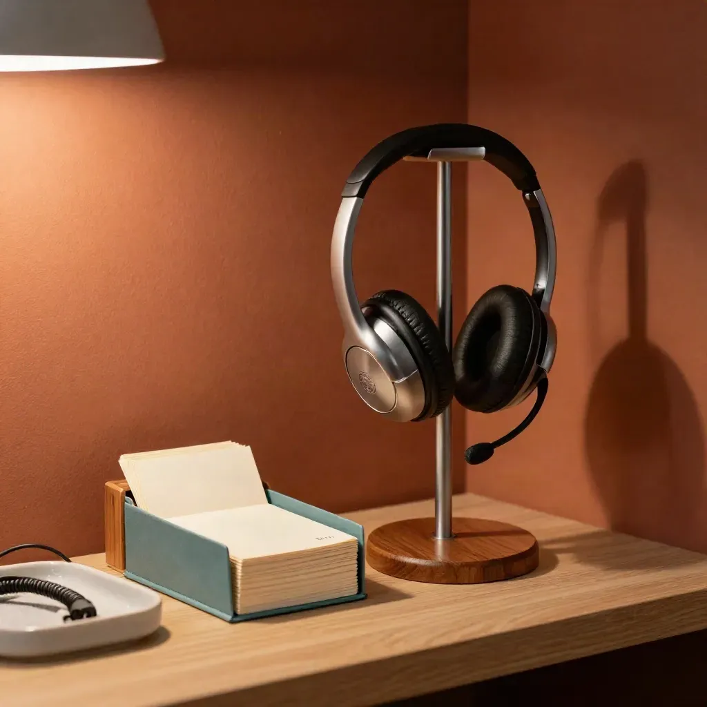 Scriptset met headsetstandaard, cuekaarten en notitiehouder in warme kantoorhoek.