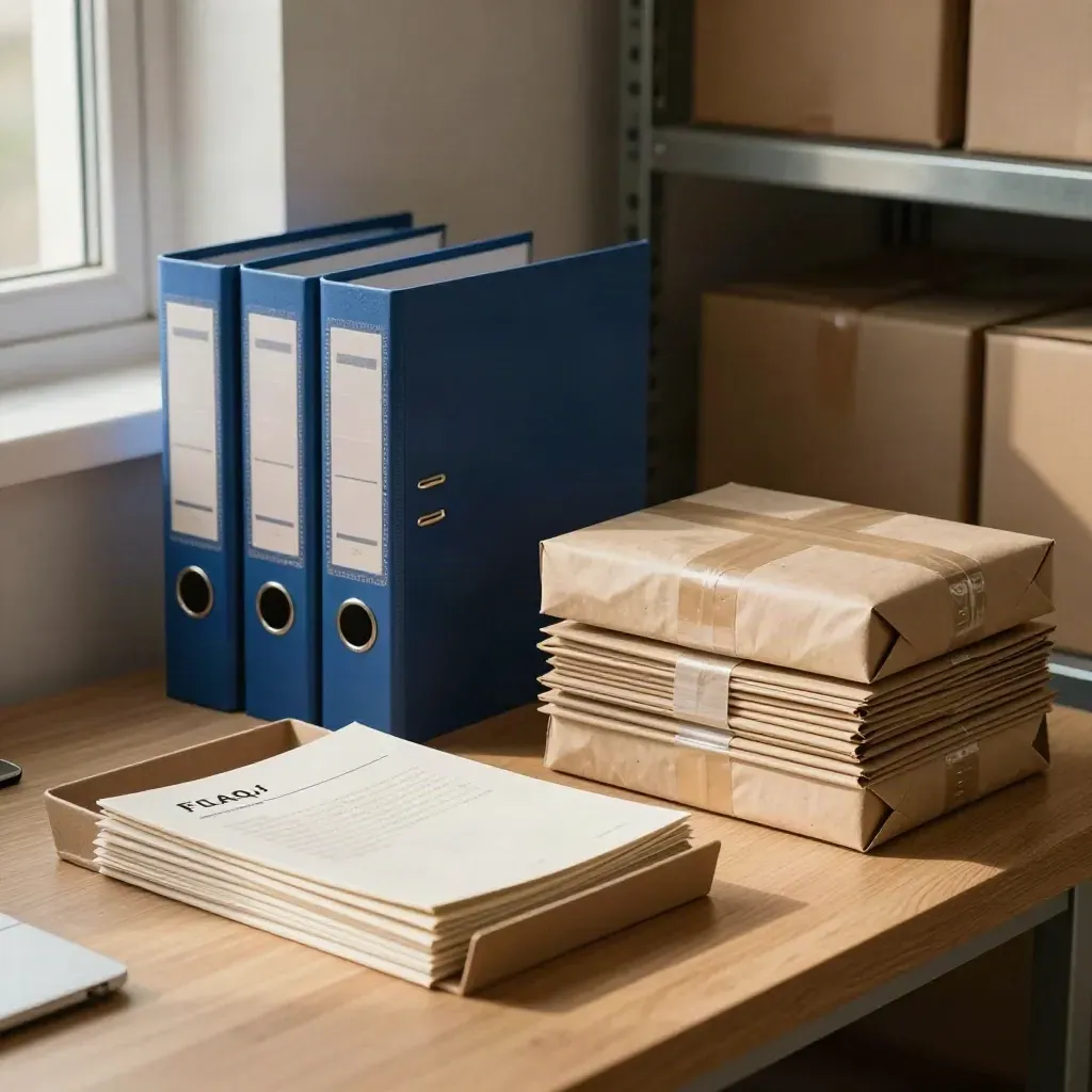 Rustige servicehoek met FAQ-binders, retourplanken en pakketstapel in warm daglicht.