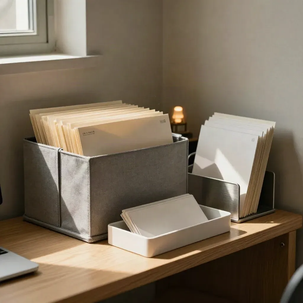 Stille SaaS-ruimte met vaste mailmappen, reply-kaarten en een ordelijke inbox-tray in warm licht.