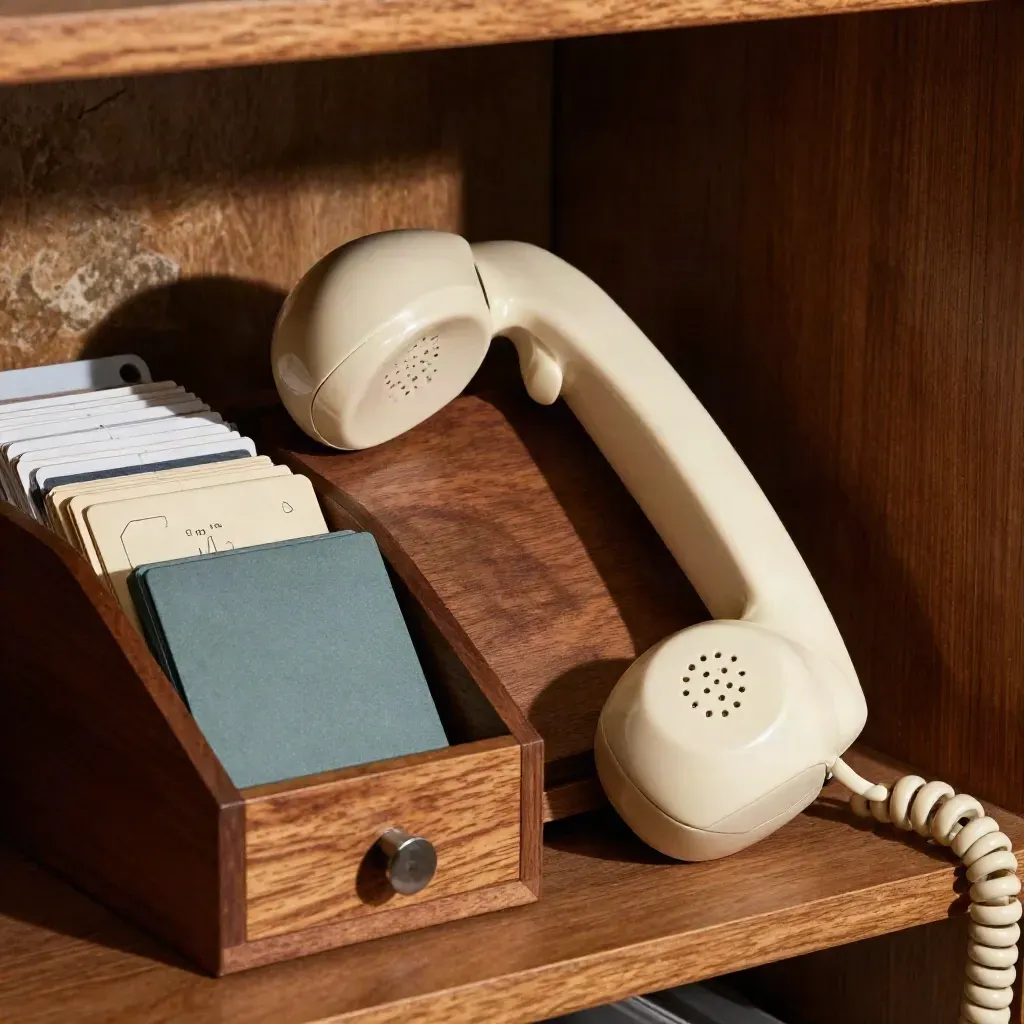 Vintage telefoonhoorn met teal routekaartjes en lade-organizer in dramatisch licht.