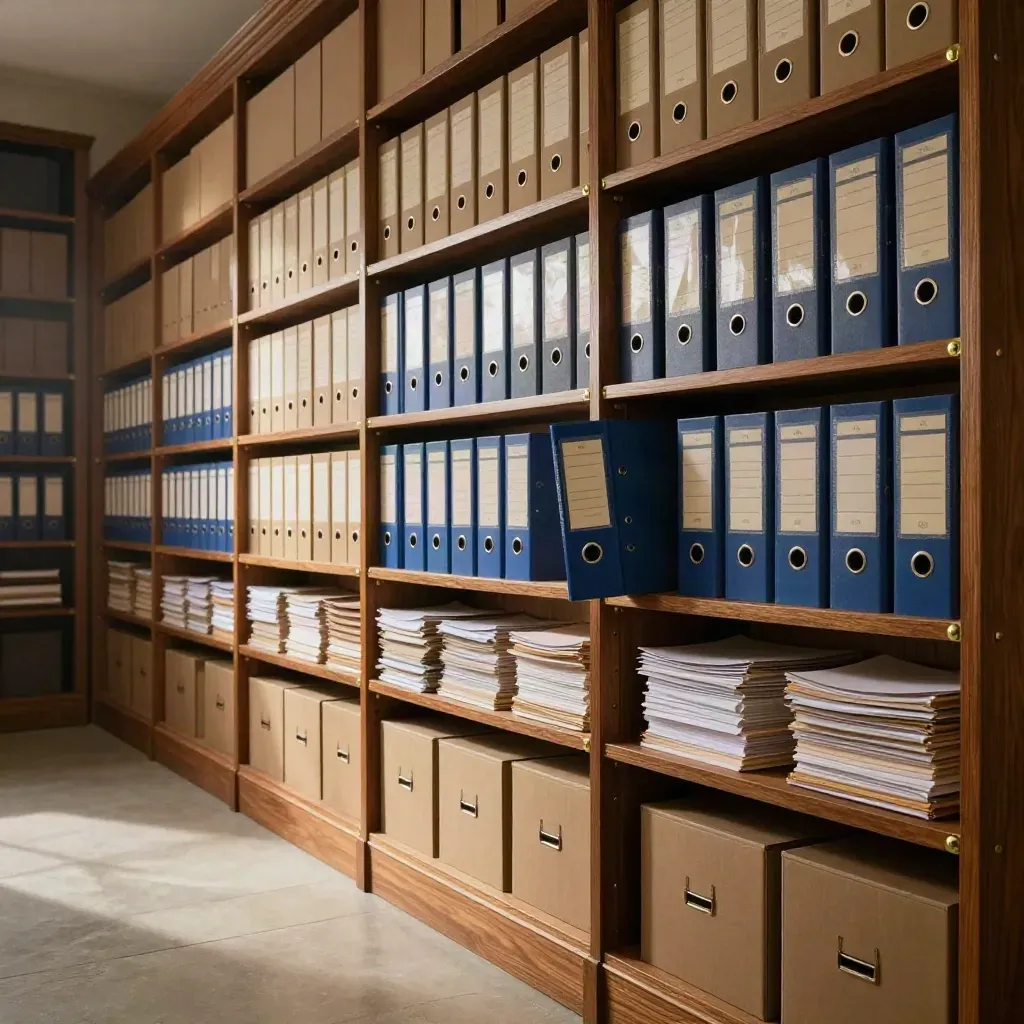 Rustige kennisbankwand met ordelijke mappen en archiefdozen in dramatisch licht.