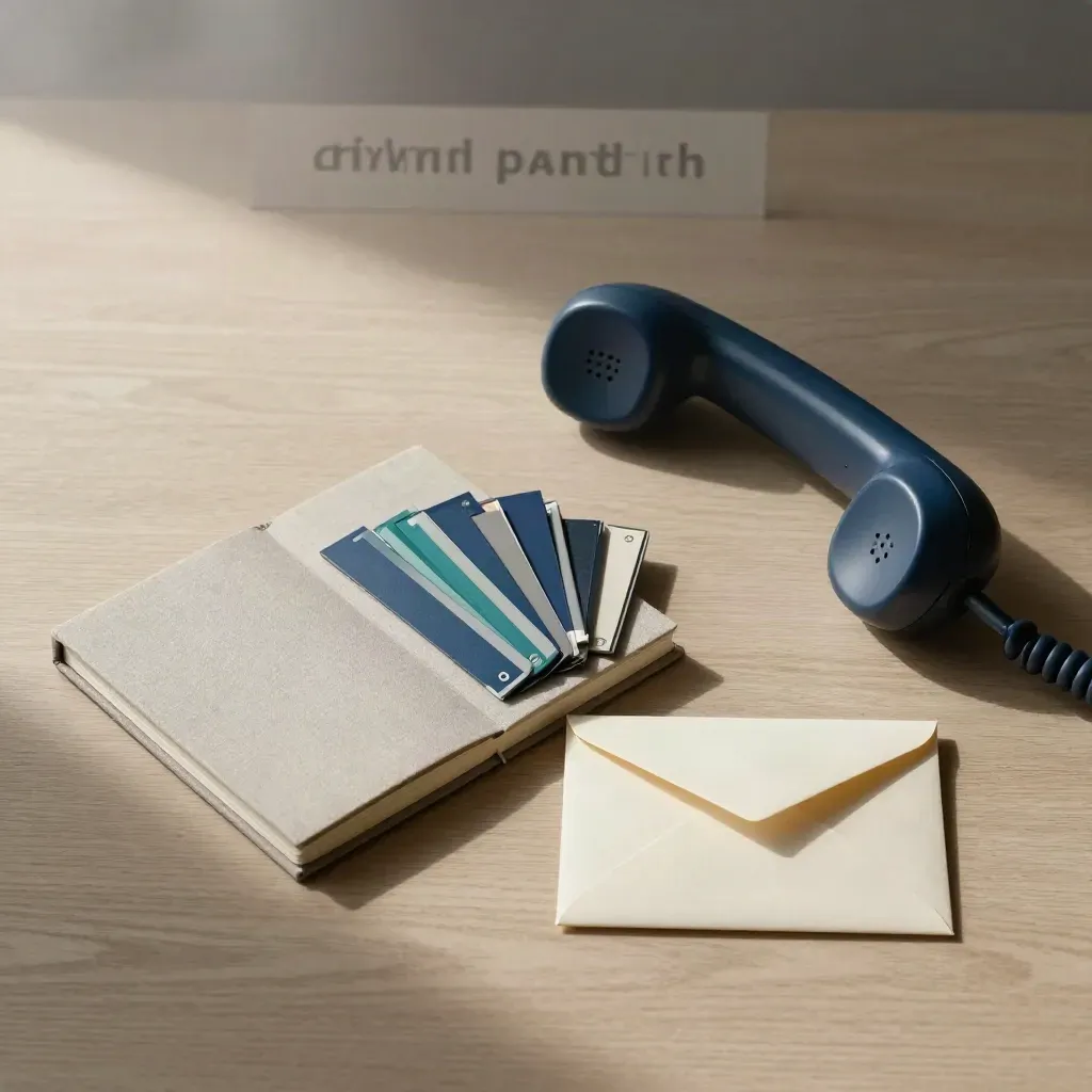 Intake-opstelling met notebook, kanaalkaarten, telefoonhoorn en enveloppen op licht hout.