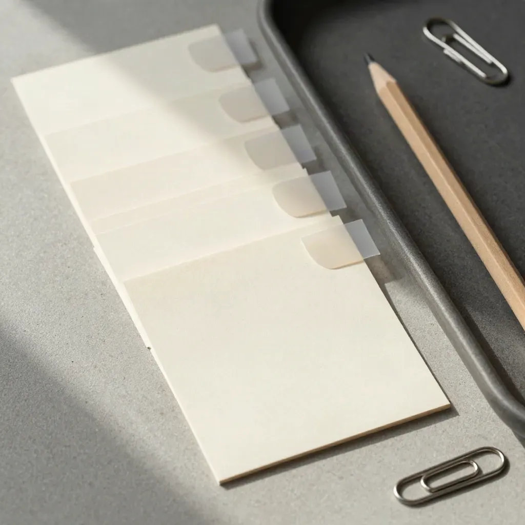Bovenaanzicht van vraagkaartjes, paperclips, sticky tabs en een potlood op een betonnen tray.