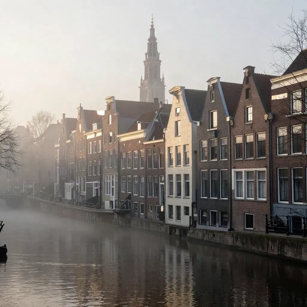 Mistige Amsterdamse gracht met hoge kerkspits boven stille waterstrook in warm ochtendlicht