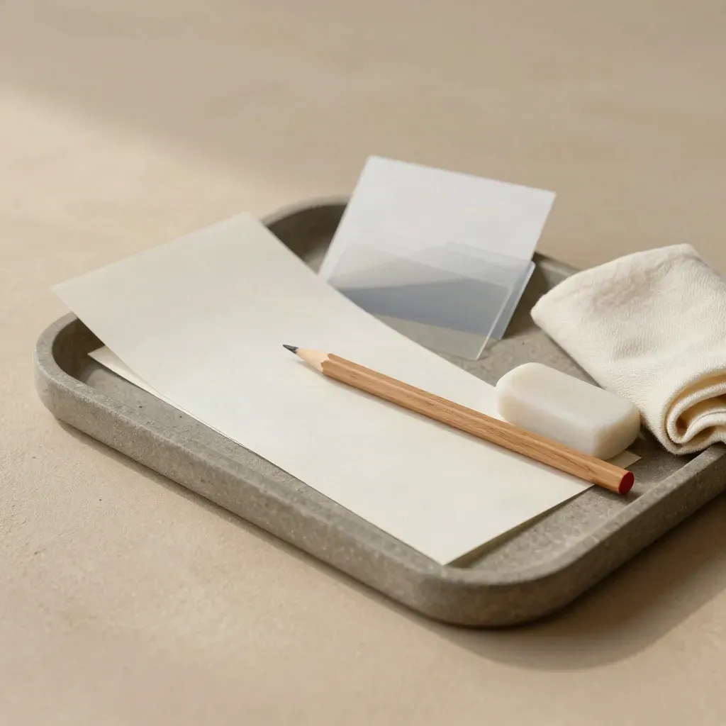 Schrijfassortiment op stenen tray met proefstroken, rood potlood, gum en tabs.