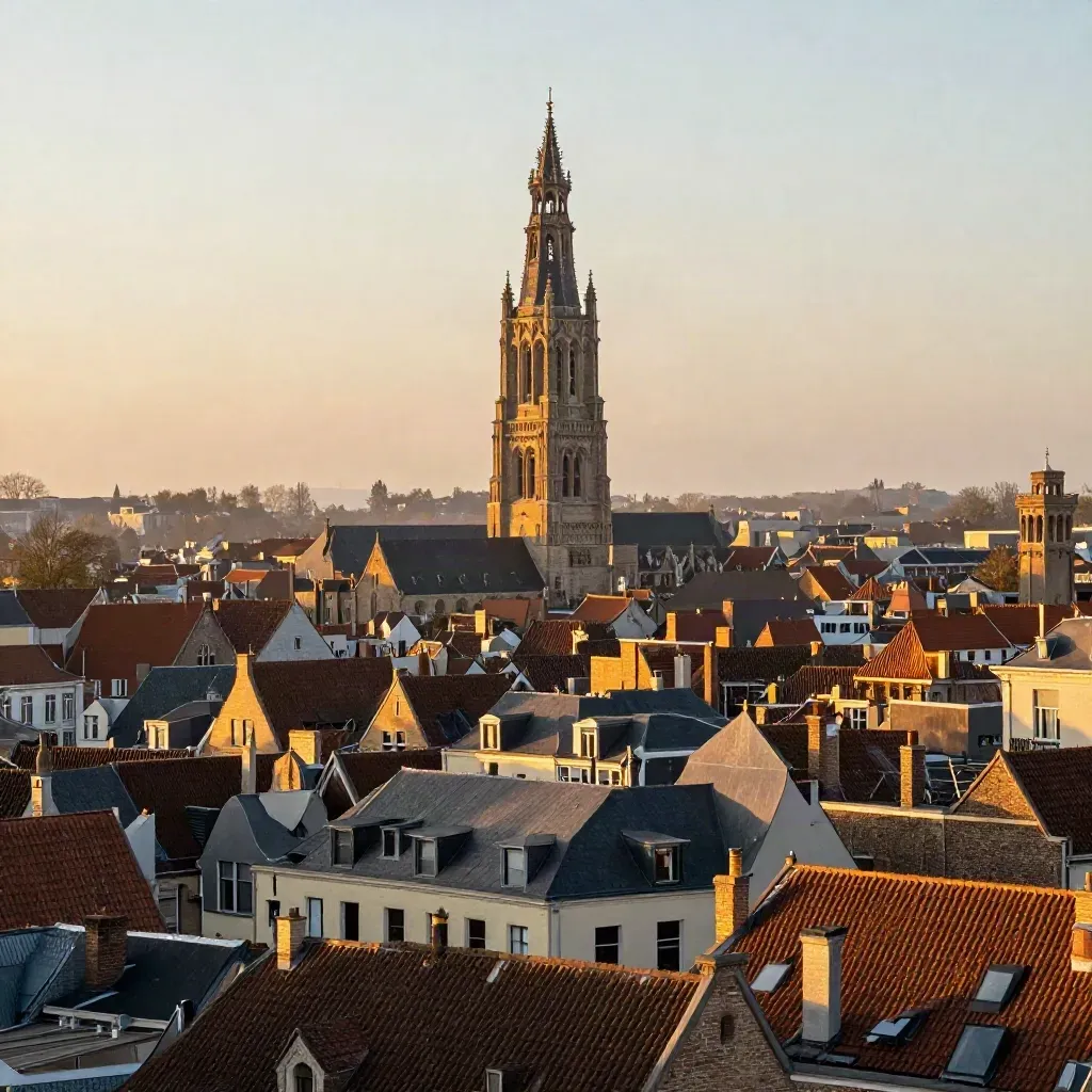 Utrechtse Domtoren boven daken in gouden avondlicht, met rustige ruimte onderin voor tekst